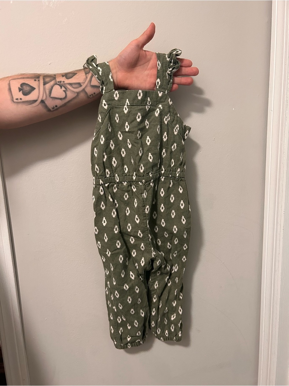 Olive Patterned Sleeveless Jumpsuit for toddler
